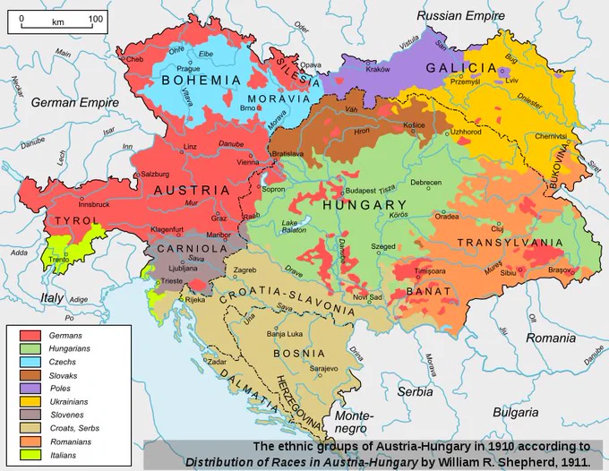 オーストリア=ハンガリー帝国の民族地図を見ると、ドイツ・オーストリア共和国の範囲はドイツ人の分布とほぼ一致することが分かる 