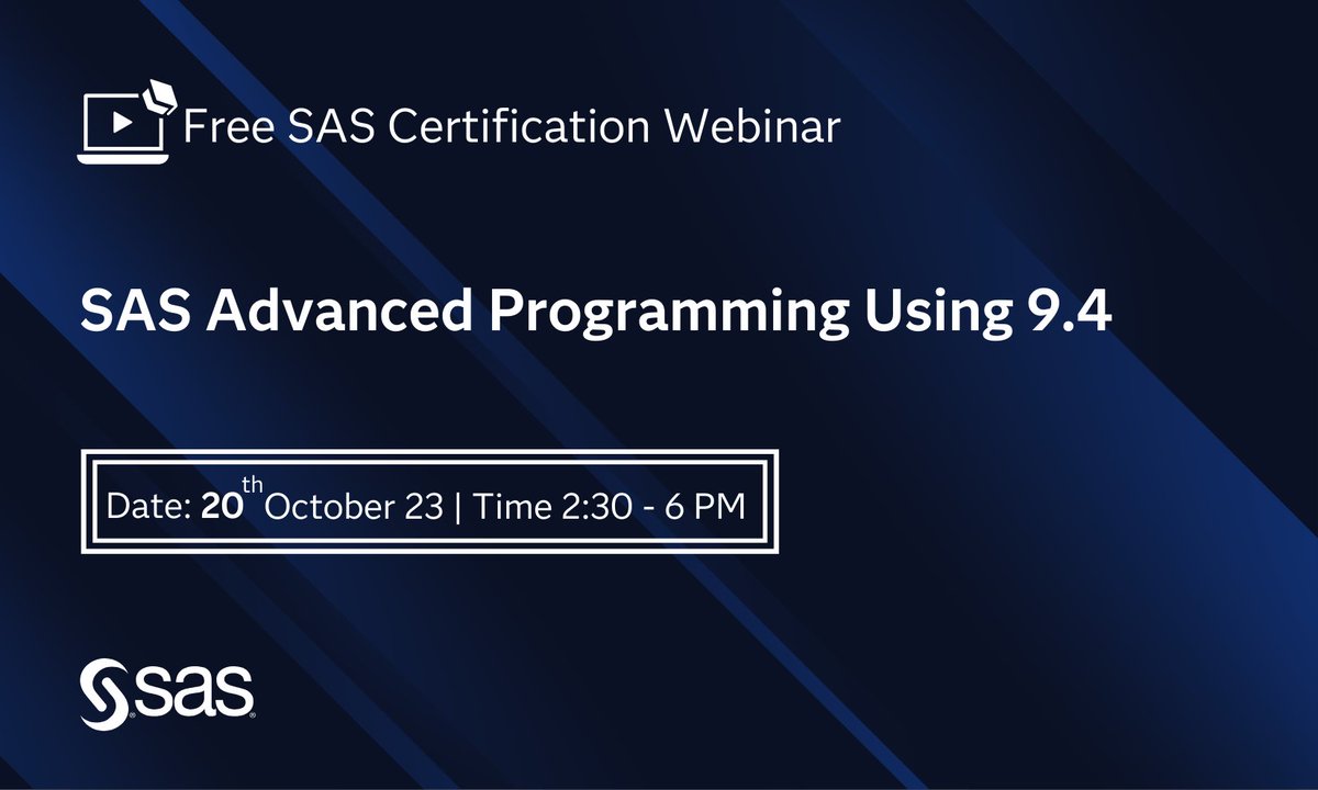 sasindia's tweet photo. Reach your SAS® certification goals with help from our experts with Free SAS Certification Webinar. These webinars highlight what to expect and offer valuable information for exam success.
Register now: https://t.co/xn7x1i1DDb
#sascertified #sasprogramming #advanceprogramming https://t.co/1GYuLCled8