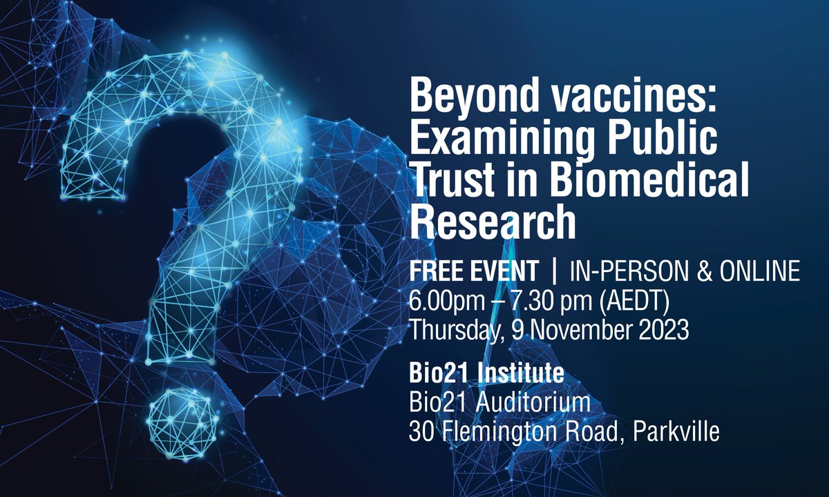 Much has been said recently about #skepticism & #trust in #BiomedicalSciences, so we are going to examine this in some detail with our expert panel @liammannix, Denise Goodwin @BehaviourWorksA & Sant-Rayn Pasricha @WEHI_research 9 November, 6.00pm AEDT, bit.ly/3LZlcEk