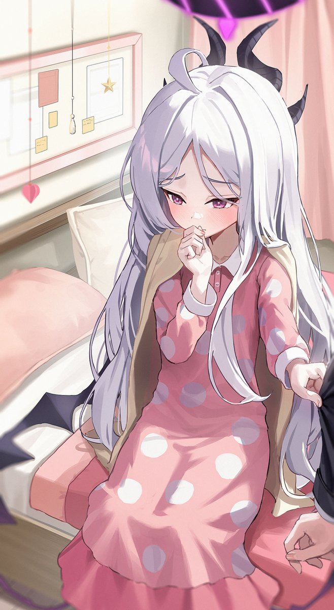 hina (blue archive) pajamas 1girl horns long hair pink pajamas white hair demon horns  illustration images