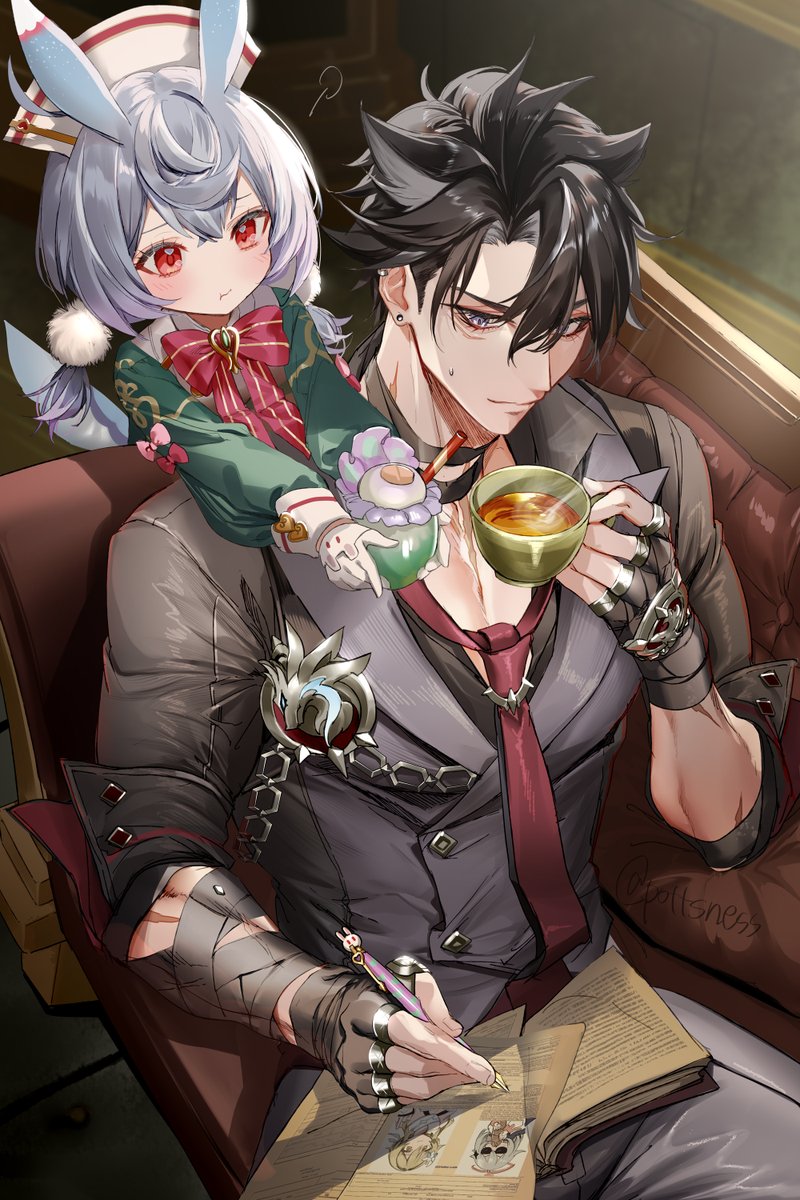 1girl 1boy cup animal ears holding sitting red eyes  illustration images