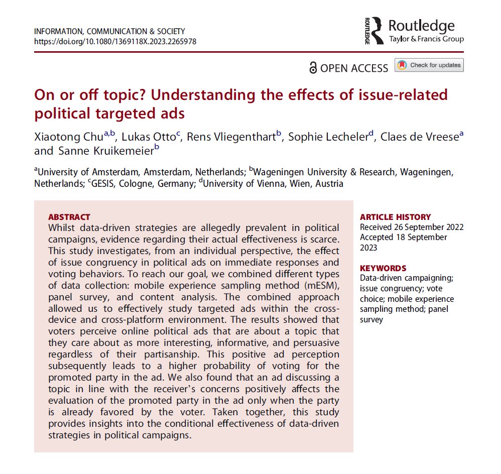 Can voters be persuaded by political ads targeting their interests? Our new research dives deep into the effectiveness of issue-related political ads in a multi-party system, freshly published in Information, Communication &amp; Society with open access at: doi.org/10.1080/136911…