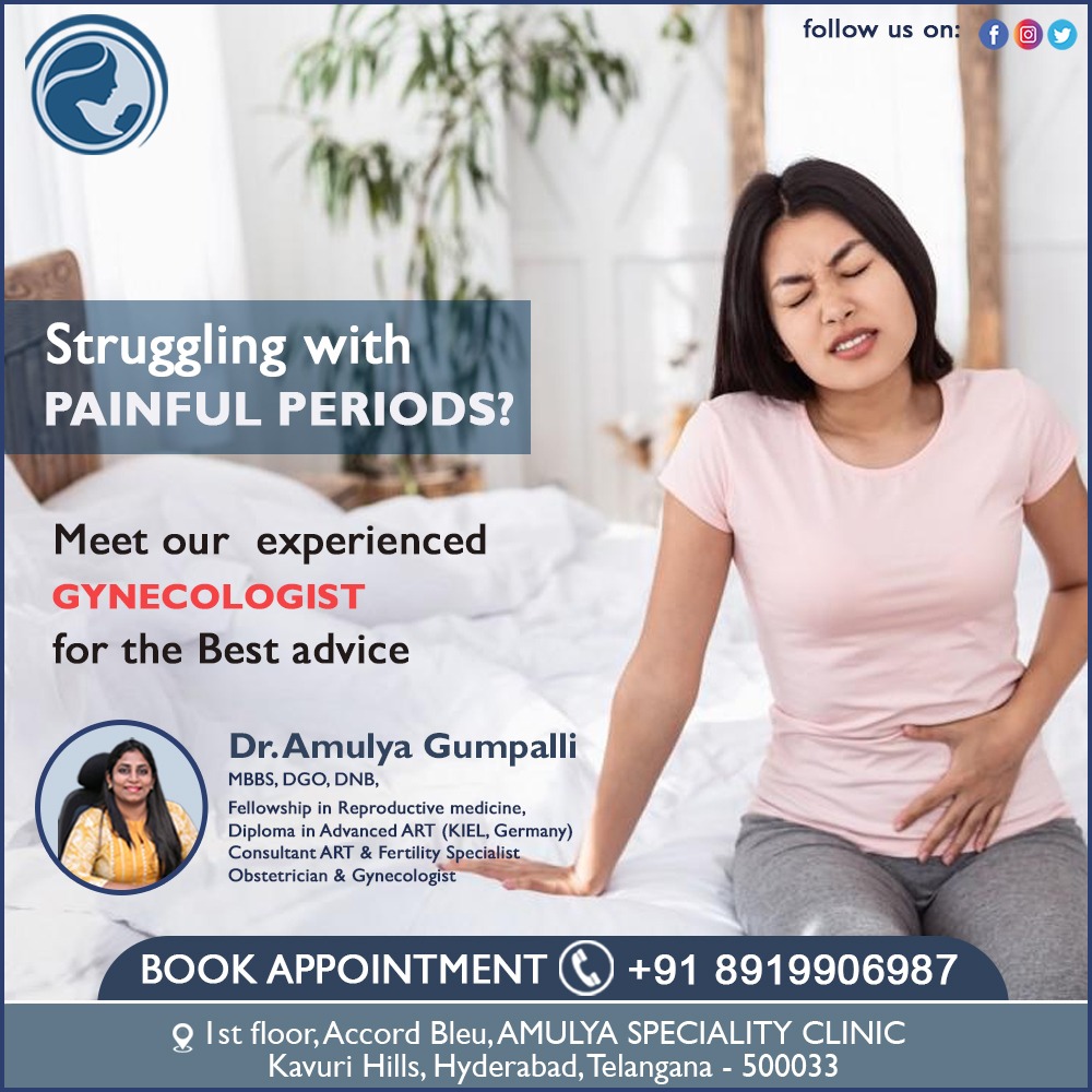 Amulya212's tweet photo. #Painfulmenstrual periods may be more common with irregular periods or heavy bleeding.

#DrAmulyaGumpalli #amulyaclinic #Obstetrician #Gynaecologist #bestgynaecologist  #gynecology #pregnant #surgeon #pregnancy #fertility #pcos #FertilityClinic #Infertility #Infertilitycauses https://t.co/cOmvU7TXqv