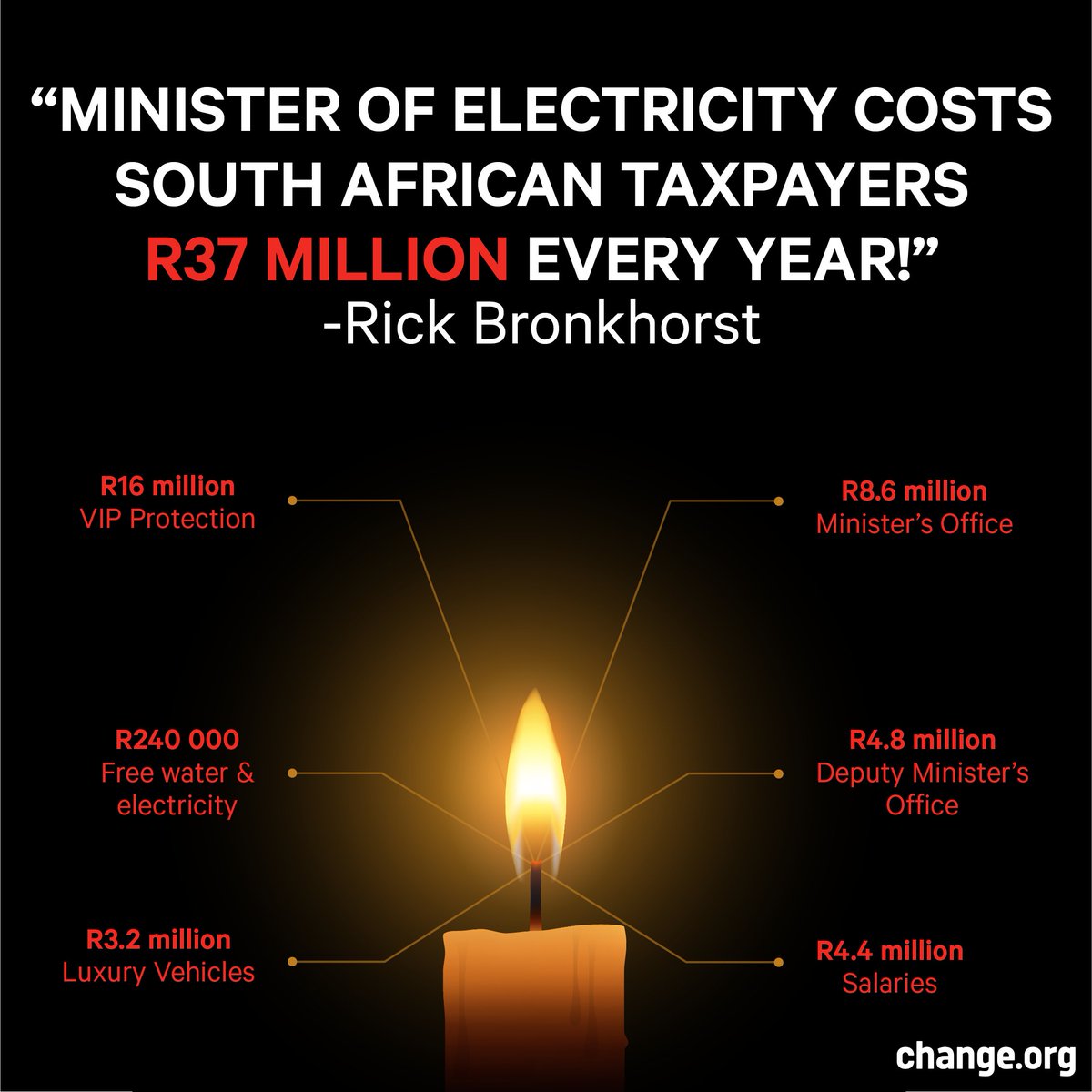 The #MinisterofElectricity is costing taxpayers R37 million a year! Petition starter, @RickBronkhorst highlights a shocking reality for South Africans stating that stage 6 #Loadshedding costs our economy a staggering R900 million per day! Sign the petition:…