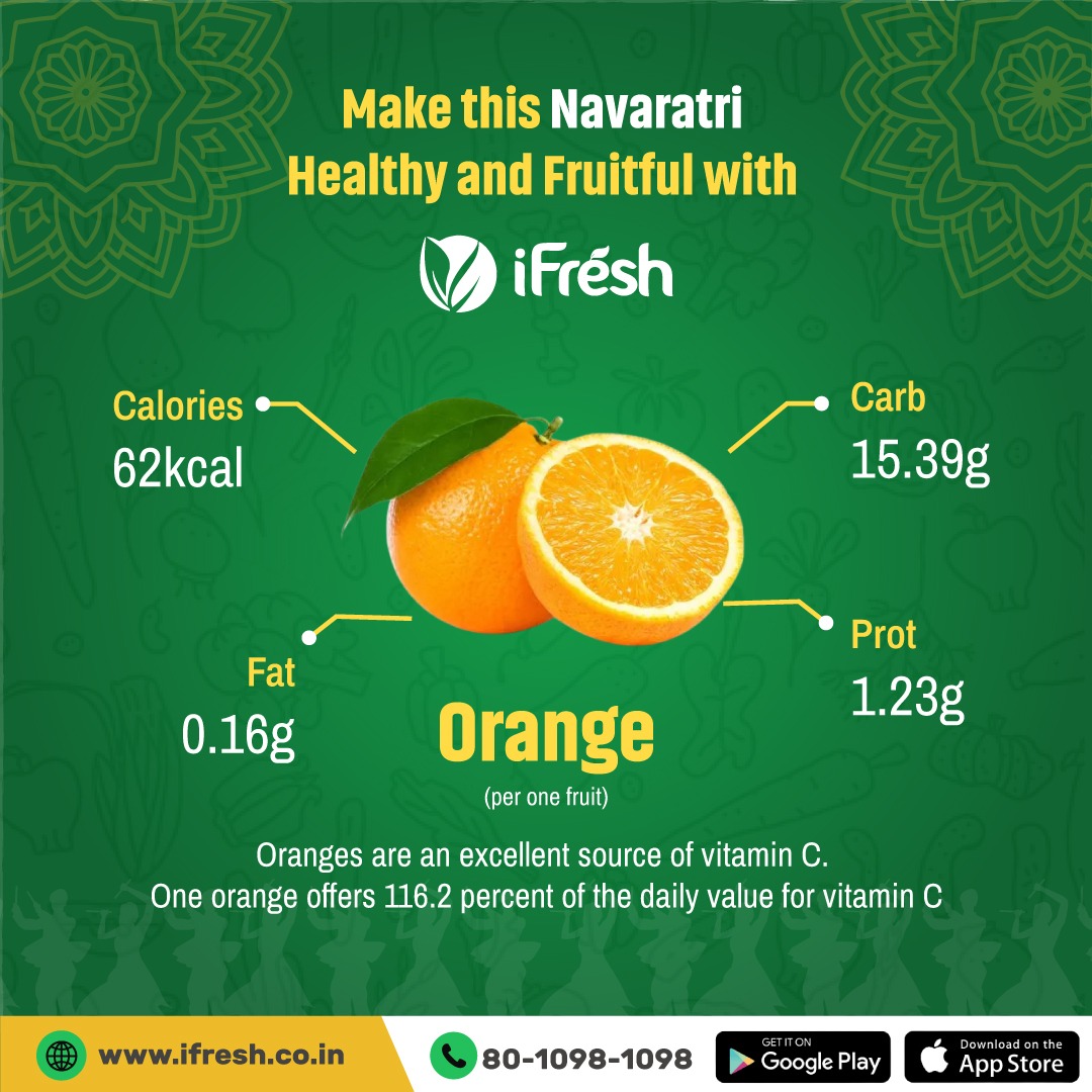 iFreshindia's tweet photo. Embrace a vibrant and healthy Navaratri with ifresh! 🍊Oranges pack a powerful punch of Vitamin C, offering a whopping 116.2% of your daily value in just one fruit!
.
▪️ Android App: https://t.co/od3oSQZ52r
▪️ website: https://t.co/F353YgMcgq
.
#iFresh #Fruits #navaratri #day3 https://t.co/iUXDGYbmTi