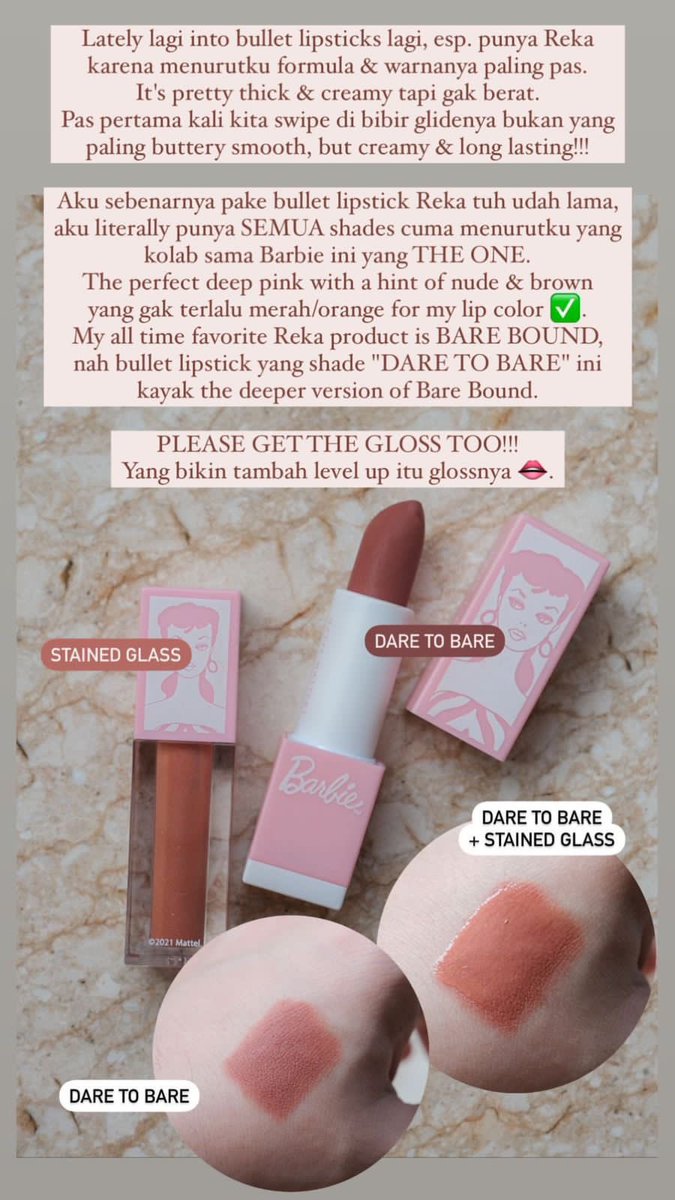 rumor has it that @/eatandtreats love our Reka x Barbie™️ collaboration products, his personal pick:
✨Matte Matters Bullet Lipstick in Dare to Bare
✨Ultra Gleam Lip Gloss in Stained Glass

What's your pick?