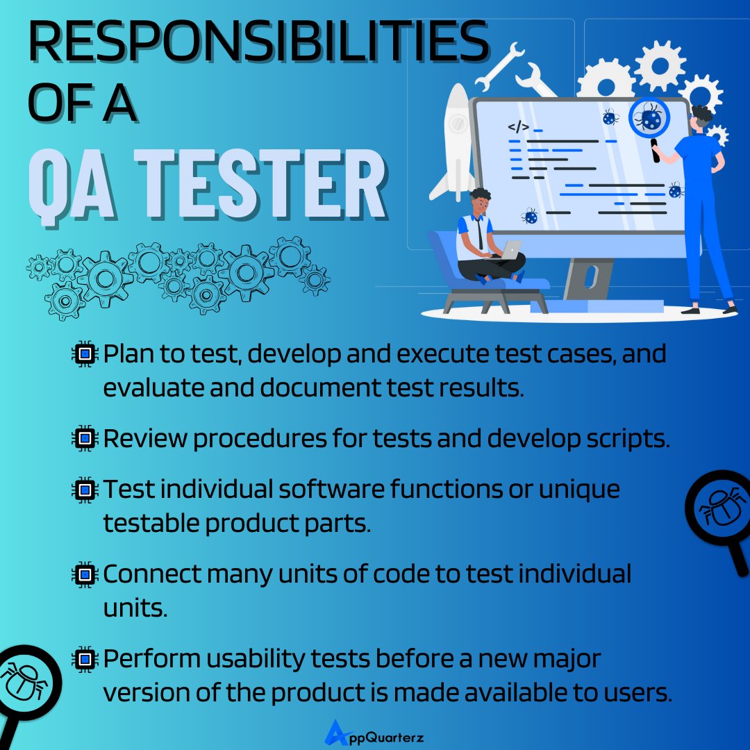 Quality Assurance (QA) testers are responsible for ensuring that software and web applications meet quality standards. #qatester #qa #qajobs #softwaretesting #testing #qatesting #qaengineer #qualityassurance #testers #java #it #qualityanalyst #businessanalyst #oracle #java