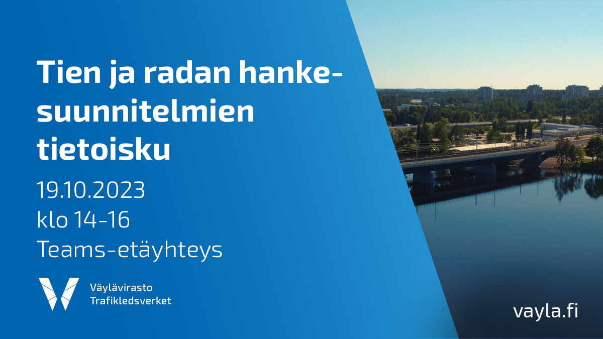 📣 Tervetuloa tien ja radan hankesuunnitelmien yhteiseen tietoiskuun!

💬 Aiheina mm. alueidenkäyttö sekä ajankohtaista tietoa valtion liikenneväylien suunnittelujärjestelmästä.

📅 19.10.2023 klo 14-16
📍 : Teams

👉 Lue lisää: vayla.fi/-/tien-ja-rada…

#suunnittelu #infra