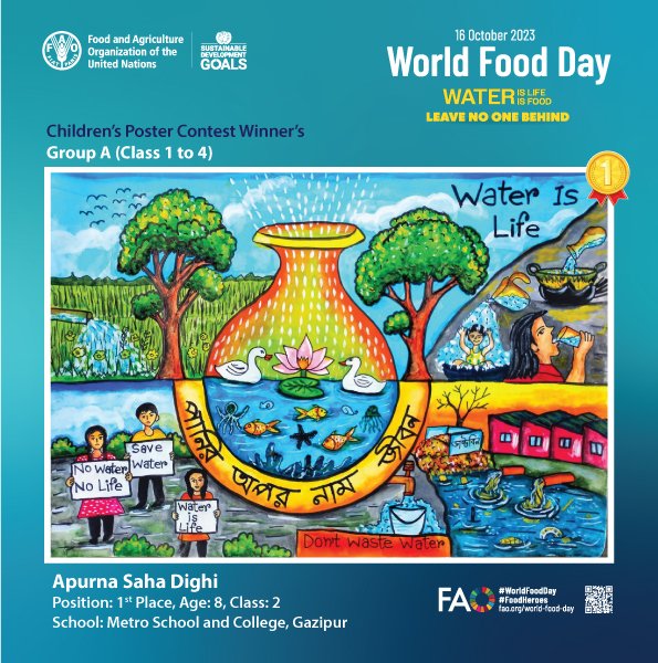 FAOBangladesh's tweet photo. Here are the winners of the World Food Day 2023 poster contest! FAO Bangladesh 🇧🇩 invited children and teens to envision a world where food and water are accessible to all. Their creativity and commitment to global food security inspire us all. 🌟🌏 https://t.co/2Qf5o9HTE8