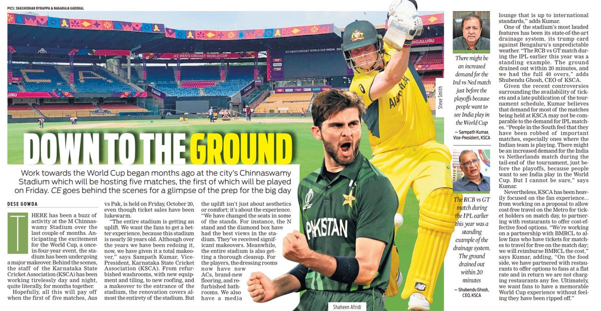 Work towards the #WorldCup2023 began months ago at the city’s #Chinnaswamy Stadium which will be hosting five matches, the first of which will be played on Friday. @dese_gowda goes behind the scenes for a glimpse of the prep for the big day newindianexpress.com/cities/bengalu…