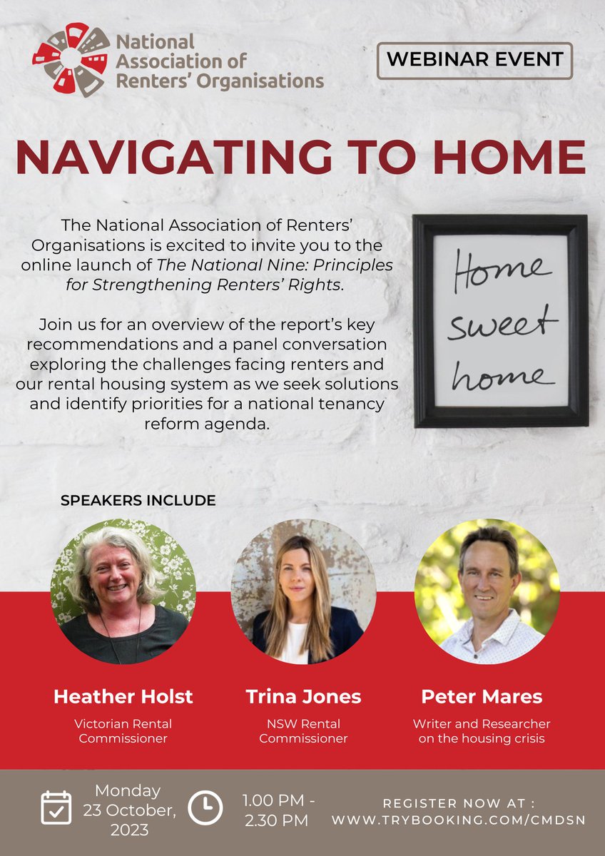 Less than a week to go! Join us at the launch of ‘The National Nine: Principles for Strengthening Renters’ Rights' report where experts, including Rental Commissioners <a href="/HeatherHolst/">Heather Holst</a> and Trina Jones, will discuss a national tenancy reform agenda. trybooking.com/CMDSN