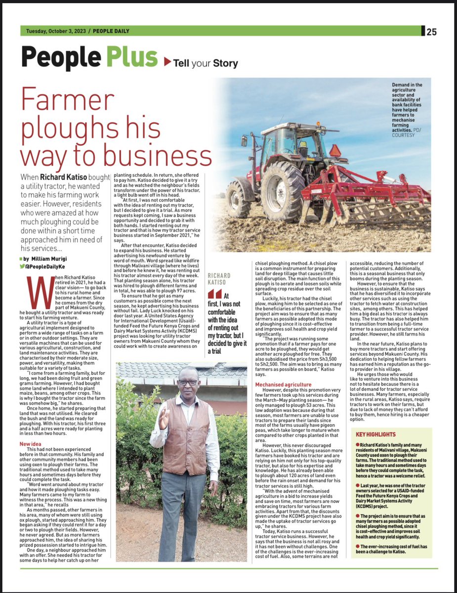 Collaborations create better market systems and better market systems improve agricultural productivity and individual incomes.

<a href="/FeedtheFuture/">Feed the Future</a> KCDMS Activity partnered with several TSPs(Tractor Service Providers) like Richard to provide deep tillage services to farmers in the