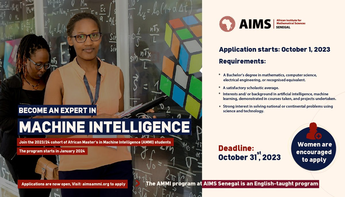 #ICYMI 
We launched applications for African Masters in Machine Intelligence (#AMMI) 2024, a 1-yr fully funded #graduate program that equips exceptional young #Africans with training in #machinelearning &amp; its applications

Visit aimsammi.org/to by 31/10/2023

#aiforafrica