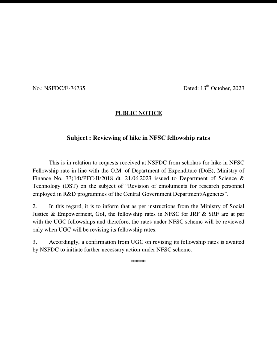 AChhavriya's tweet photo. Now @NSFDC_MOSJE and @MSJEGOI should immediately increase the nfsc fellowship and update the amount. @ugc_india has also issued the official letter regarding increase in fellowship, now @NSFDC_MOSJE and @MSJEGOI should soon give the rights to nfsc researchers without any delay./ अब @NSFDC_MOSJE और @MSJEGOI को तत्काल ही nfsc फेलोशिप में वृद्धि कर राशि अपडेट कर देना चाहिए @ugc_india ने भी फेलोशिप वृध्दि का ऑफिसियल लेटर जारी कर दिया है अब जल्द ही @NSFDC_MOSJE और @MSJEGOI को nfsc शोधार्थियों का अधिकार बिना देर किए दे देना चाहिए

#HikeNFSCFellowship

@narendramodi
@Drvirendrakum13
@AIRSAIndia 
@ugc_india 
@mamidala90 
@NSFDC_MOSJE 
@MSJEGOI 
@Profdilipmandal 
@EduMinOfIndia 
@TweetJoshmanish