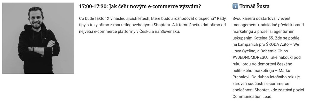 Tendy v e-commerce spolu se špetkou dat si na starost vezme Tomáš Šusta ze <a href="/Shoptet/">Shoptet</a>-u! 

Co bude rozhodovat o budoucnosti? To se dozvíš již za týden v Plzni!

💛 Tak se přihlaš:
marketingova-plzen.cz/konference-2023
