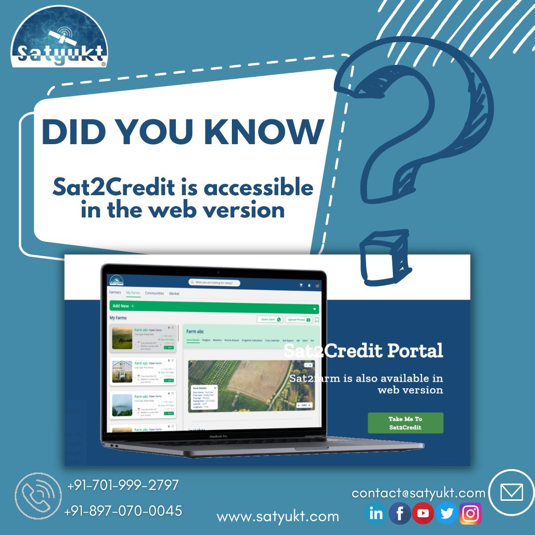 #Sat2Credit is available in a web version. Using a streamlined site, you may verify the farm's details using #satellite data. Let's start estimating the farm #creditscore in a while through the web portal. Click on the link attached sat2credit.com to start exploring.
