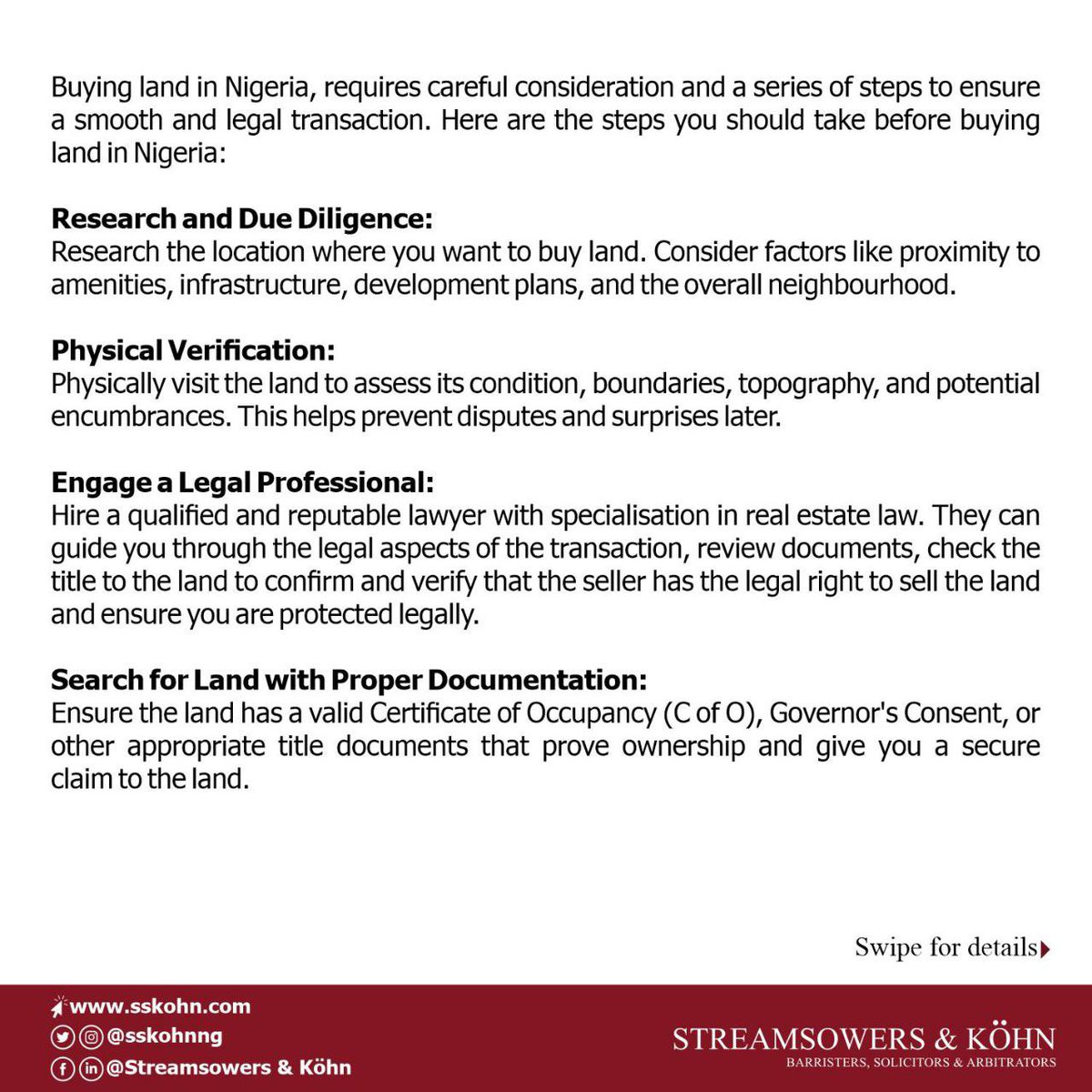 SSKohnNG's tweet photo. Steps To Take Before Buying Land in Nigeria.
Swipe <<< for more details.
For more information, you may contact us by email at info@sskohn.com
#RealEstate #Properties #Land #SSKohn #LawFirm #LawFirmsInNigeria #Law #Barristers #Solicitors #Arbitrators #WeAreSSKohn https://t.co/reboeCx55O