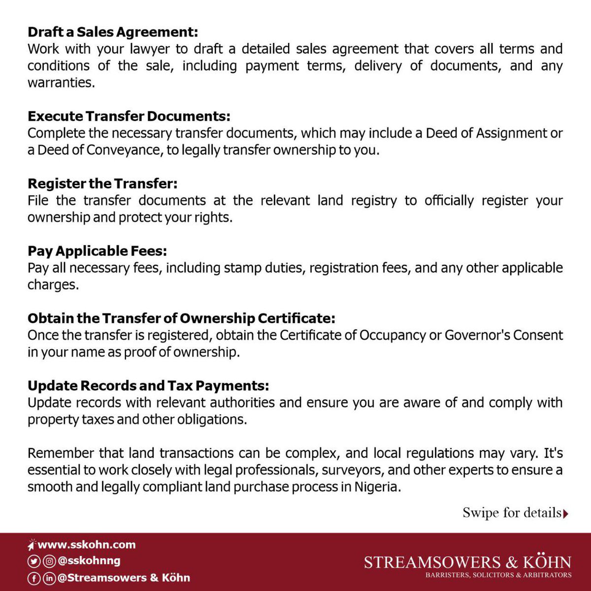 SSKohnNG's tweet photo. Steps To Take Before Buying Land in Nigeria.
Swipe <<< for more details.
For more information, you may contact us by email at info@sskohn.com
#RealEstate #Properties #Land #SSKohn #LawFirm #LawFirmsInNigeria #Law #Barristers #Solicitors #Arbitrators #WeAreSSKohn https://t.co/reboeCx55O