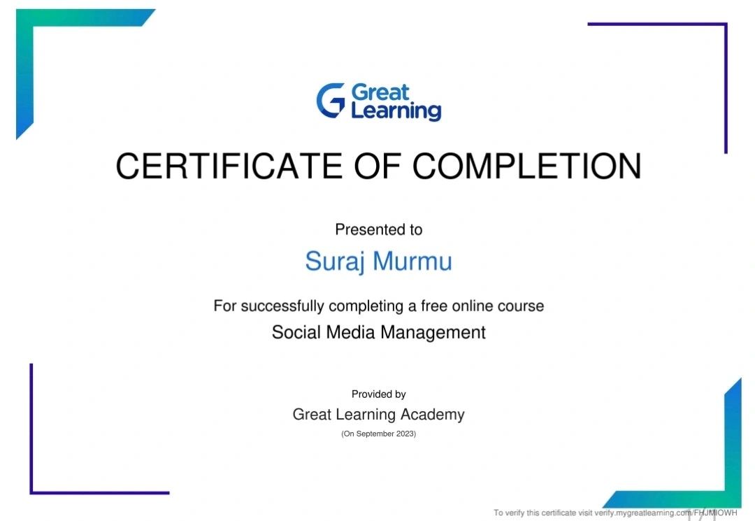 iMurmuSuraj's tweet image. 🎓 Hi Everyone! 🚀

I&apos;m thrilled to announce that I&apos;ve successfully completed the &quot;Social Media Management&quot; course at Great Learning Academy. 📚 An amazing learning experience. 🌟

#greatlearningacademy #socialmediamanagement #glacertificate #learningneverstops