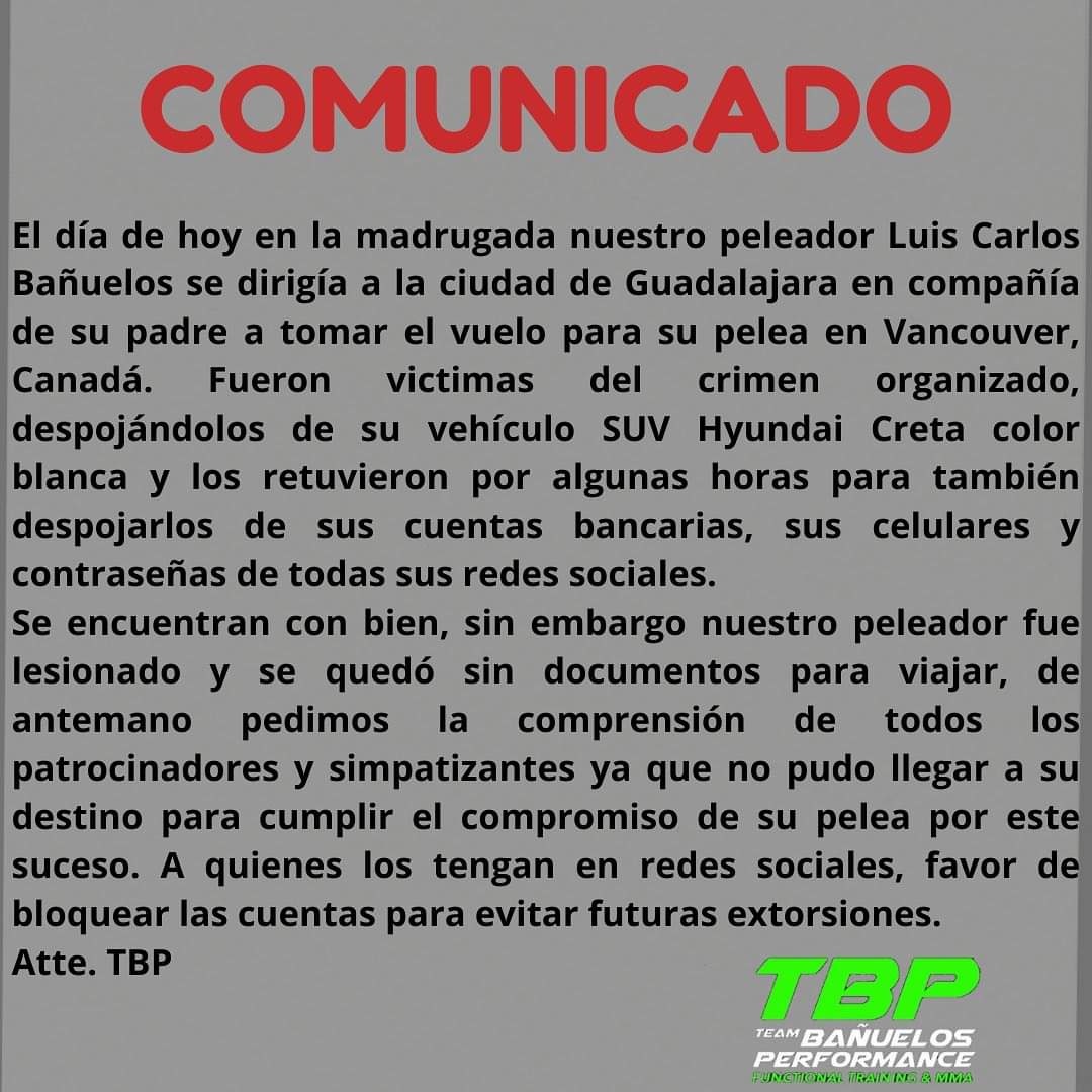 FelipeCorrea_1's tweet photo. ⚠️FAVOR DE COMPARTIR ESTA INFORMACIÓN ⚠️
El día de hoy en la madrugada nuestro peleador Luis Carlos Bañuelos se dirigía a la ciudad de Guadalajara en compañía de su padre a tomar el vuelo para su pelea en Vancouver, Canadá. Fueron victimas del crimen organizado. https://t.co/UvBHN5NzBJ