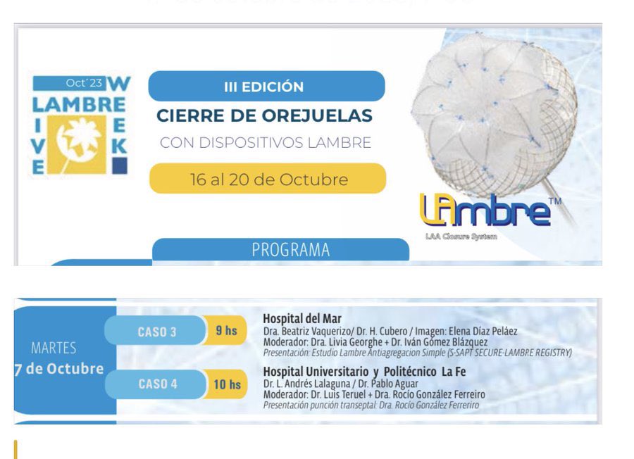 Héctor Cubero Gallego (@hcuberogallego) on Twitter photo Hoy a las 9h retransmisión de un Live Case de cierre de orejuela con #LAmbre desde el <a href="/hospitaldelmar/">Hospital del Mar</a> con <a href="/beavaquerizo/">Beatriz</a> <a href="/hcuberogallego/">Héctor Cubero Gallego</a> <a href="/elenadpelaez/">Elena Díaz Peláez</a> <a href="/rutalvar3z/">Rut Álvarez Velasco</a> durante la #LambreLiveWeek Moderadores:
<a href="/livia_gheorghe/">LIVIA GHEORGHE</a> <a href="/igomezblazquez/">Iván Gómez Blázquez</a> <a href="/IberiaSmt/">SMT Iberia</a> <a href="/LifeTechScient/">LifeTech Scientific</a> ¡No te lo pierdas! Hoy a las 9h retransmisión de un Live Case de cierre de orejuela con #LAmbre desde el <a href="/hospitaldelmar/">Hospital del Mar</a> con <a href="/beavaquerizo/">Beatriz</a> <a href="/hcuberogallego/">Héctor Cubero Gallego</a> <a href="/elenadpelaez/">Elena Díaz Peláez</a> <a href="/rutalvar3z/">Rut Álvarez Velasco</a> durante la #LambreLiveWeek Moderadores:
<a href="/livia_gheorghe/">LIVIA GHEORGHE</a> <a href="/igomezblazquez/">Iván Gómez Blázquez</a> <a href="/IberiaSmt/">SMT Iberia</a> <a href="/LifeTechScient/">LifeTech Scientific</a> ¡No te lo pierdas!