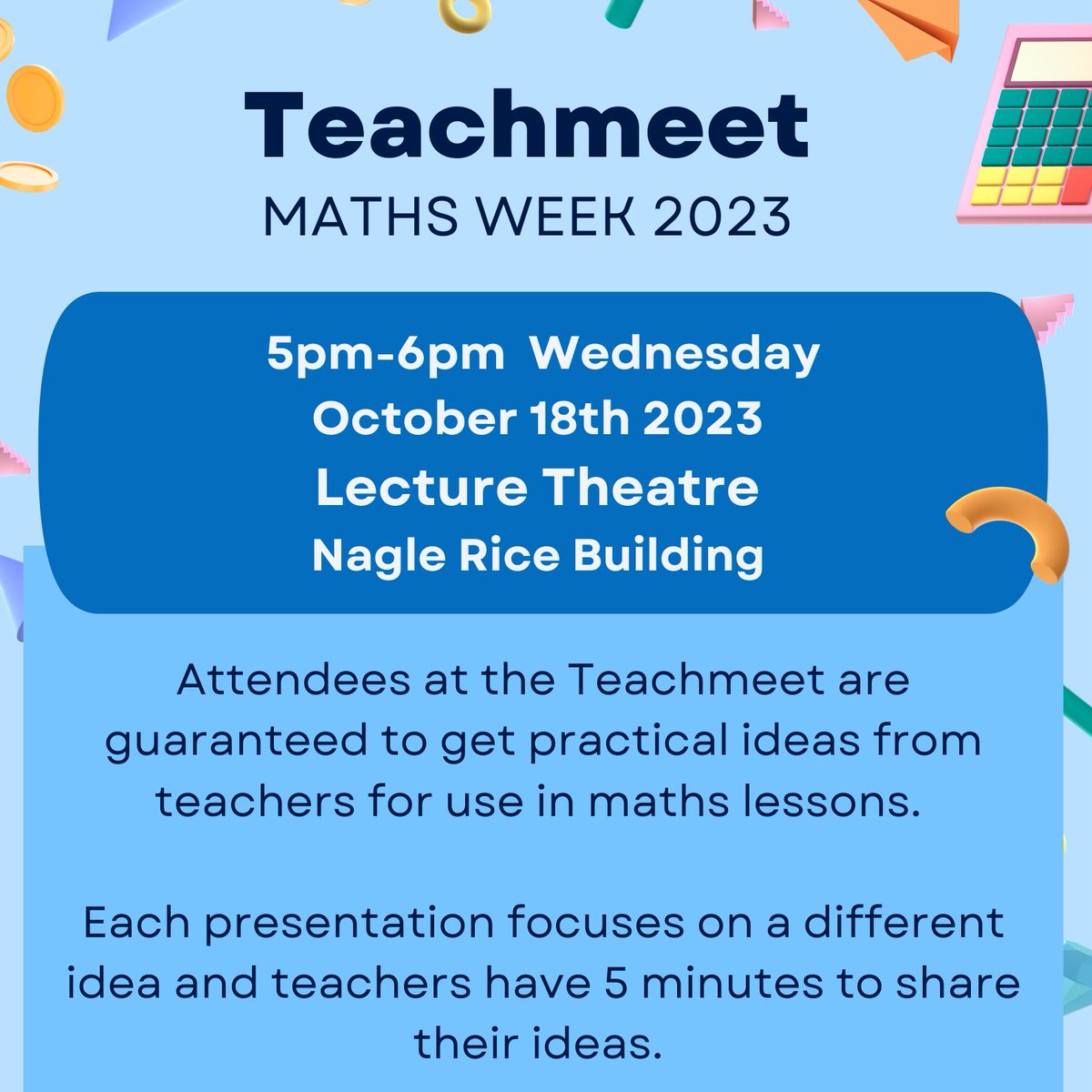 Looking forward to Wednesday's Teachmeet for Maths Week in 
<a href="/MarinoInstitute/">MIE</a>. <a href="/PrimEdTeacher/">Ciara Reilly</a>
 will MC the event and teachers, students, recent graduates and staff will share ideas and practical advice for teaching maths.