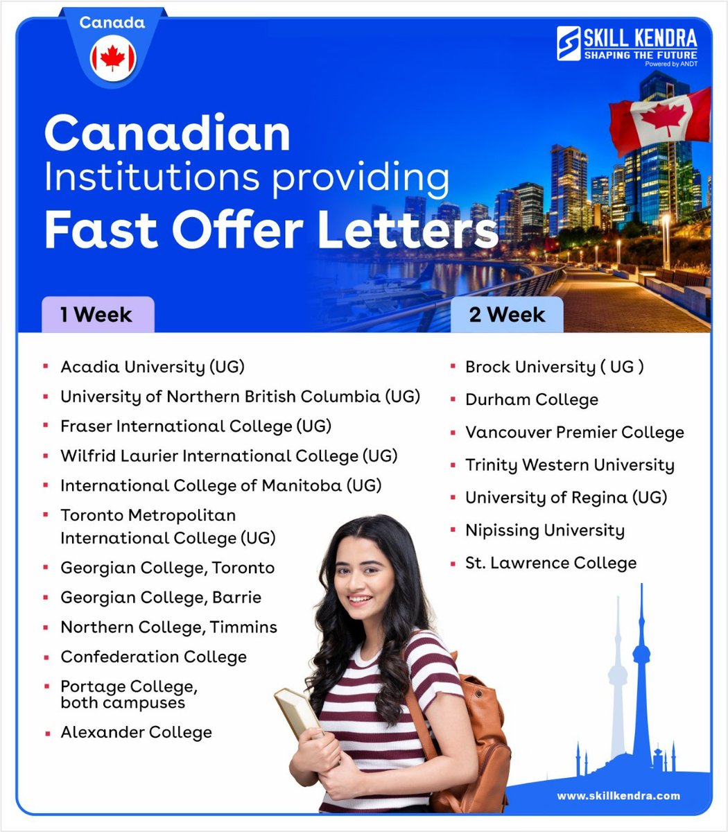 SkillKendra's tweet photo. Looking to study in Canada?
Check out these institutions offering fast offer letters:
Within 1 week:
Acadia University (UG)
Fraser International College (UG) and more!

Within 2 weeks:
Brock University (UG)
Durham College and more!
 #SkillKendra #CanadianUniversities #StudyAbroad https://t.co/48vW7aMxpQ