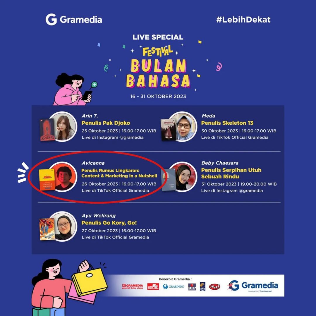 12. Live Special Festival Bulan Bahasa

📅 Kamis, 26 Oktober 2023
🏨 Live di TikTok Gramedia, pkl.16.00—17.00 WIB

tiktok.com/@gramedia?is_f…

#FestivalBulanBahasa