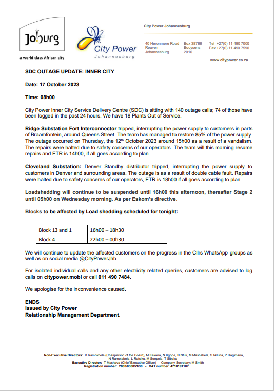 CityPowerJhb's tweet photo. #JoburgUpdates 
#InnerCitySDC

#RidgeSubstation Fort Interconnector, #ClevelandSubstation Denver and surroundings, updates 👇. ^IM