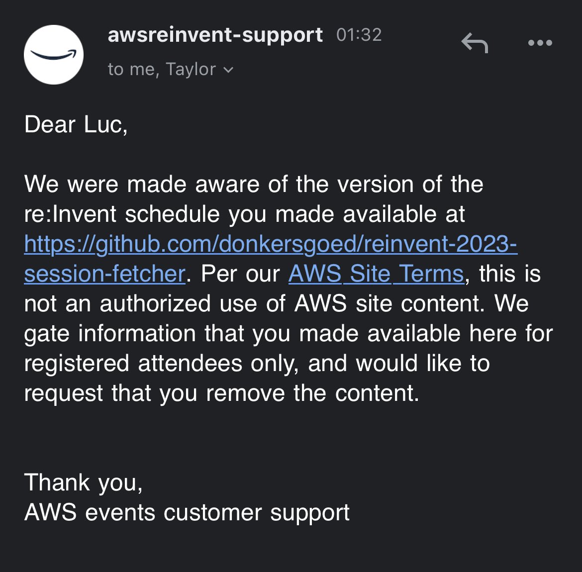 donkersgood's tweet photo. I'm sad to share that AWS is reaching out to all third-party Re:Invent session trackers with a takedown notice. I have no choice but to comply.

It wouldn't be so bad if the official catalog had a better UX. I'm especially going to miss @RaphaelManke's calendar browser. https://t.co/sqVEHF0Y4z