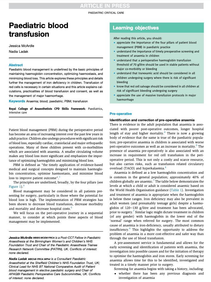APAGBI's tweet photo. 🩸𝐏𝐚𝐞𝐝𝐢𝐚𝐭𝐫𝐢𝐜 𝐁𝐥𝐨𝐨𝐝 𝐓𝐫𝐚𝐧𝐬𝐟𝐮𝐬𝐢𝐨𝐧
🩸Read for #Free until 🗓 30Nov #FOAMed #FOAMPed
@PATRN_APAGBI @DrJessMcArdle @APAGBI #PPOC #PPOM expert Nadia Ladak written fantastic #CPD #Anaesthesia #IntensiveCare #Medicine article. Free link⏩ https://t.co/x8XRFs0Ic5 https://t.co/8UoXzfkUyJ