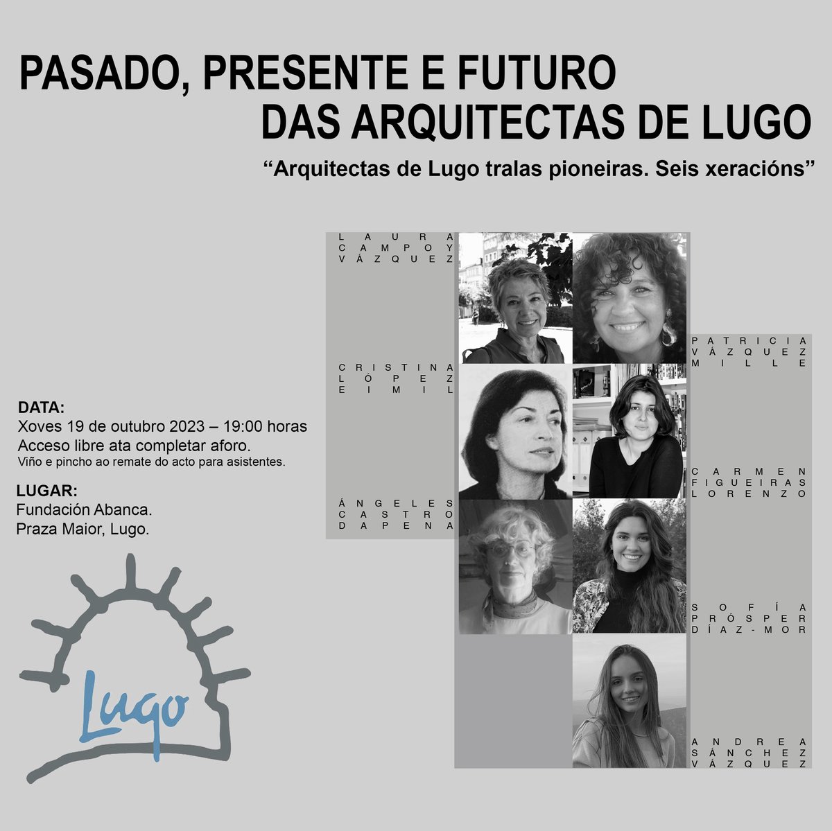 Xornada “Arquitectas de Lugo tralas pioneiras. Seis xeracións”
No mes do Día Mundial da Arquitectura e no marco do 50 aniversario do COAG.
🗓️ 19 outubro
🕖 19,00 h.
🗺️ Fundacion Abanca, Praza Maior, Lugo
▶️ portal.coag.es/axenda/pasado-…