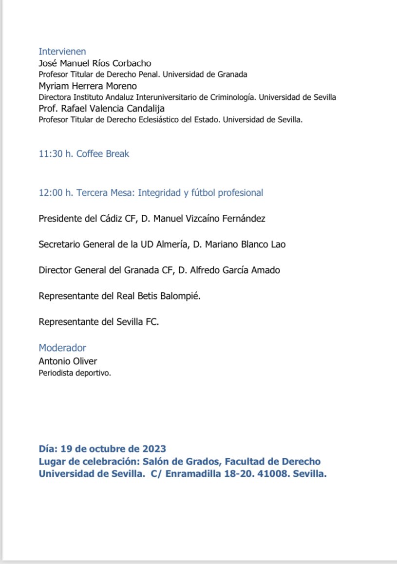 El proximo jueves 19, en el Salón de Grados de la Facultad de Derecho de la Universidad de Sevilla, tendrá lugar la jornada “Prácticas restaurativas en el deporte. Experiencias prácticas y perspectivas de futuro”, conforme al programa adjunto. 
Entrada libre hasta completar aforo