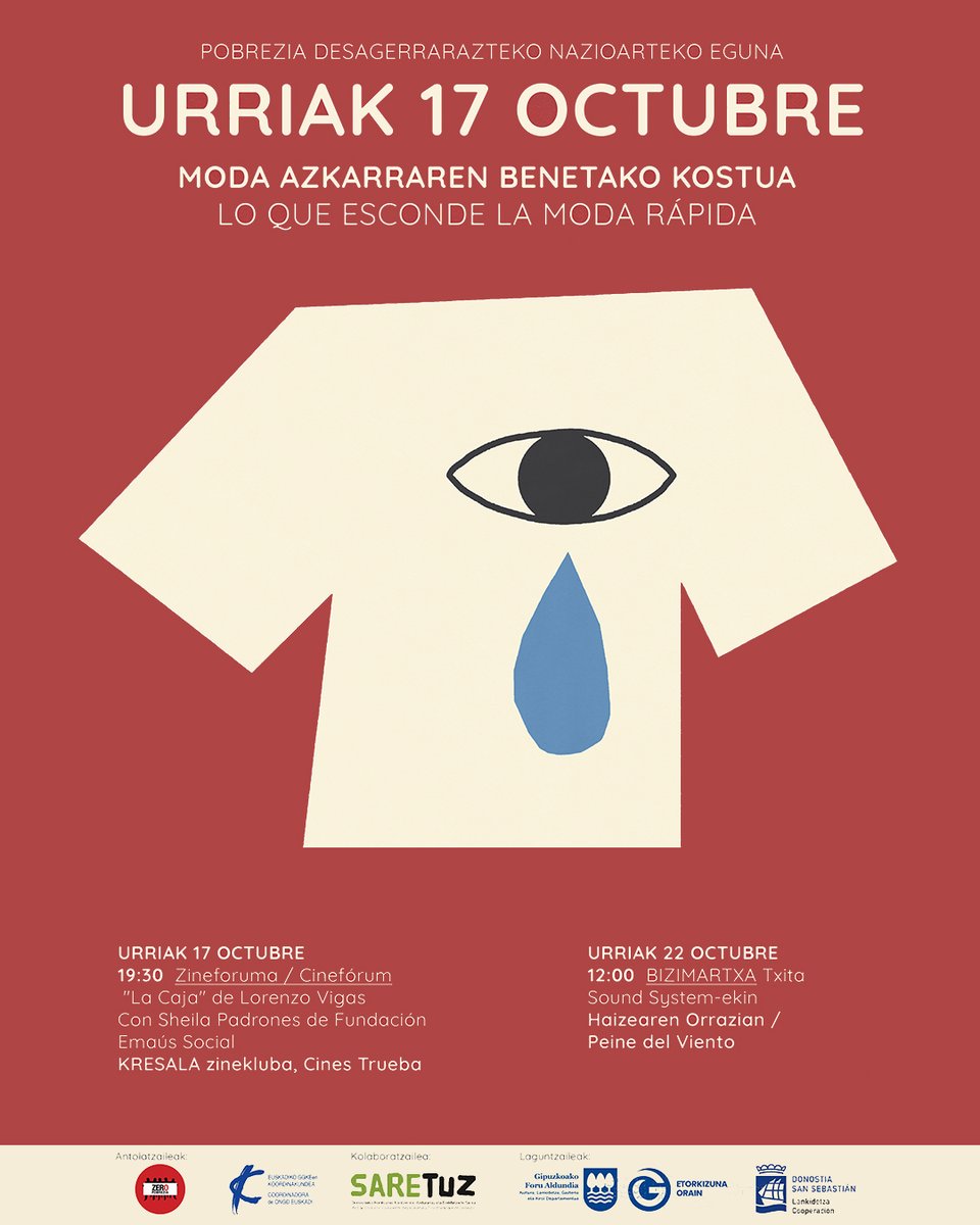 ⚠️El 30% de lo que hay en los armarios europeos no se ha utilizado en un año.  Con motivo del Día Internacional contra la Pobreza, "Cero Pobreza Donostia" organiza actividades para reflexionar sobre el impacto de la moda rápida.  zeropobreziadonostia.blogspot.com

#ElCosteDeLaModa