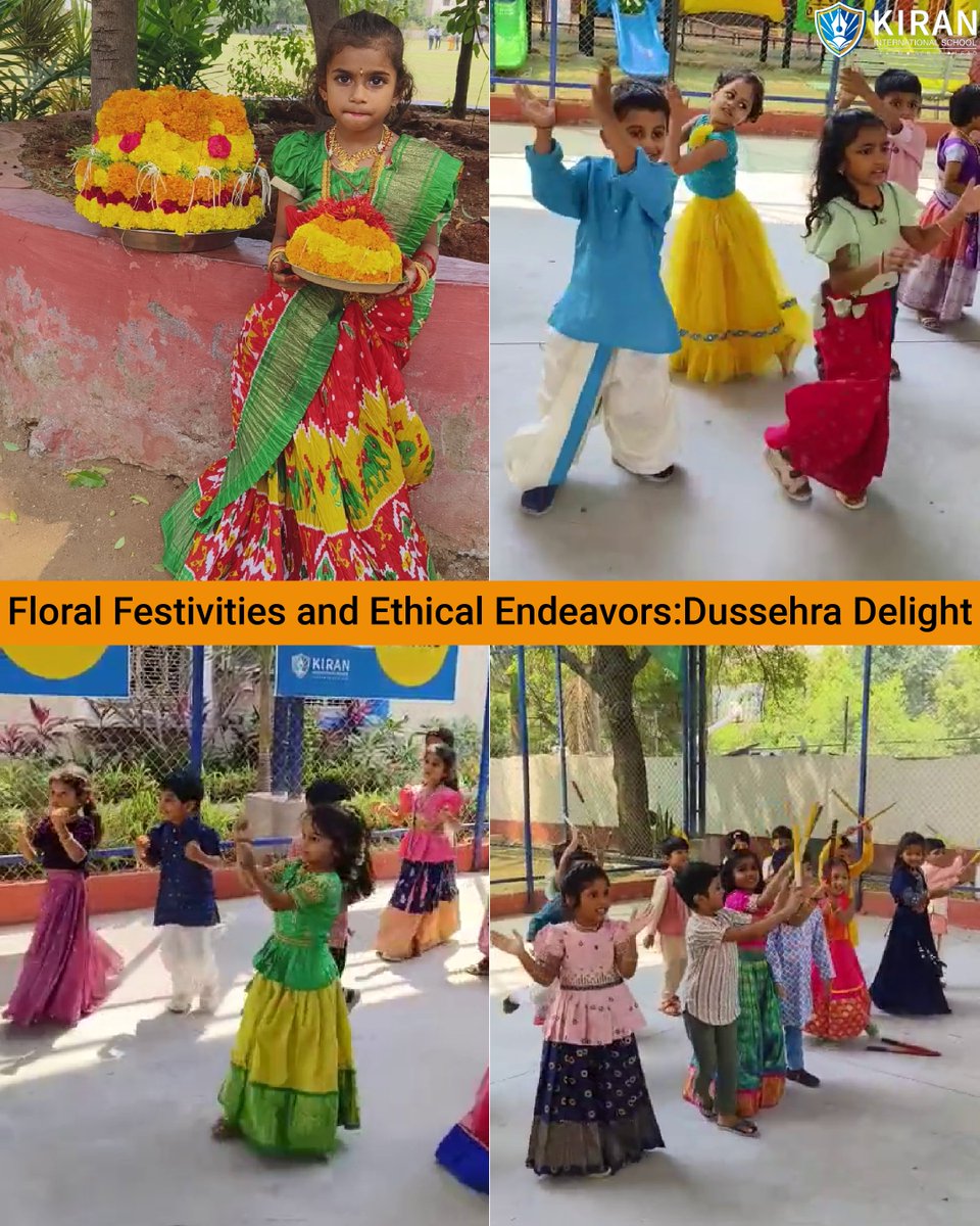 KIRAN_INTSCHOOL's tweet image. #Kiranites joyously embraced #Dussehra with vibrant festivities, featuring lively 'Bathukamma' dances and energetic Dandiya performances. Preschoolers pledged to abandon five bad habits, making it an unforgettable celebration for our young ones. #kiraninternationalschool