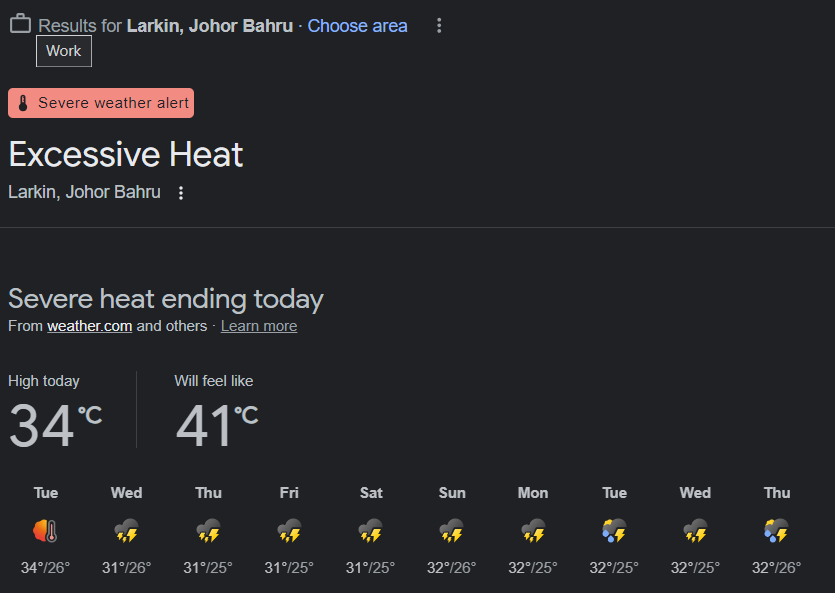 GOHSookJin's tweet photo. #天气 #预测 #Weather #Forecast    
2023-10-17 

Google predicts Excessive Heat ending today.

#heatwave #haze  #climatecrisis #iweb3 @bsfmalaysia https://t.co/DXK0qJMiZC