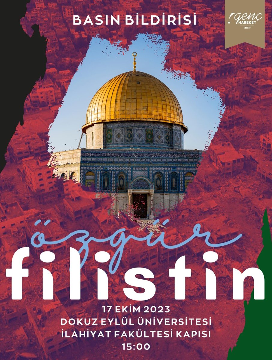 Filistindeki zulme tepki koymak vicdanı olan her insan için şarttır.
Biz de tepkimizi ve tarafımızı belli etmek için BUGÜN SAAT 15.00 DA Dokuz Eylül ilahiyat Fakültesi kapısında Basın Bildirisi okuyacağız Duyarlı olan Kardeşlerimizi Bekliyoruz.