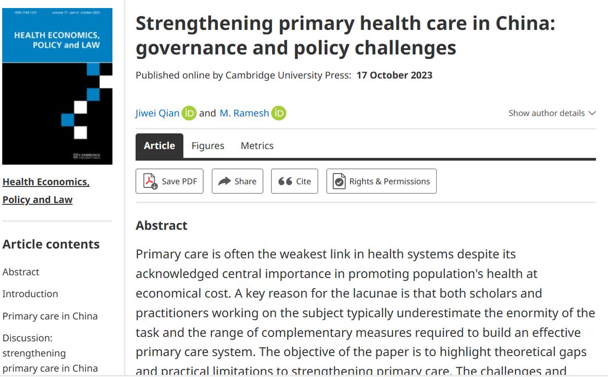 Prof. Ramesh and I have just published our latest paper on primary healthcare in China in the 𝑯𝒆𝒂𝒍𝒕𝒉 𝑬𝒄𝒐𝒏𝒐𝒎𝒊𝒄𝒔, 𝑷𝒐𝒍𝒊𝒄𝒚 𝒂𝒏𝒅 𝑳𝒂𝒘. The paper is 𝗼𝗽𝗲𝗻-𝗮𝗰𝗰𝗲𝘀𝘀. Check it out! tinyurl.com/44me9jxx