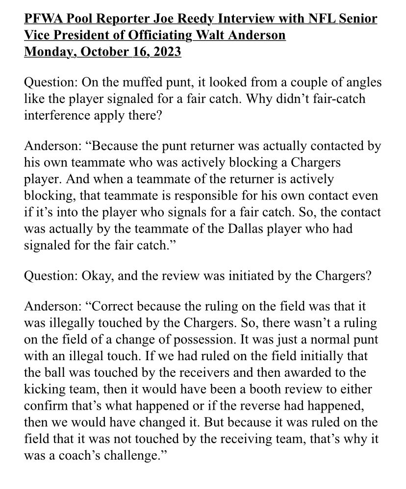 We got a Pool Report on the Cowboys-Chargers fourth quarter punt.