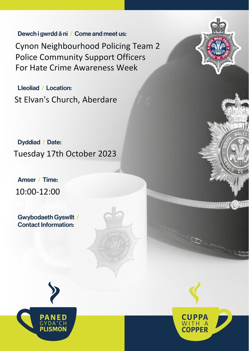 Today from 10-12, join us here @St_Elvans for “Cuppa With A Copper”, where you can meet with members of @swpRCT to raise any issues experienced in the locality. Private rooms are also available for one to one discussion, if required stelvans.com/spires-coffee-… 👮🏻☕️ #aberdare #rct