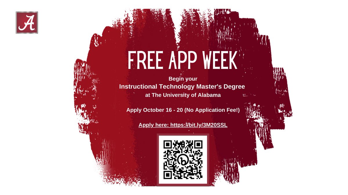Begin your Instructional Technology Master’s Degree at UA! It’s FREE APP WEEK. Get your code by visiting bit.ly/3M20SSL. Become an instructional designer in 12 months in our 100% online program! online.ua.edu/degrees/ma-in-…. 
#instructionaldesign #technology #UA #Rolltide