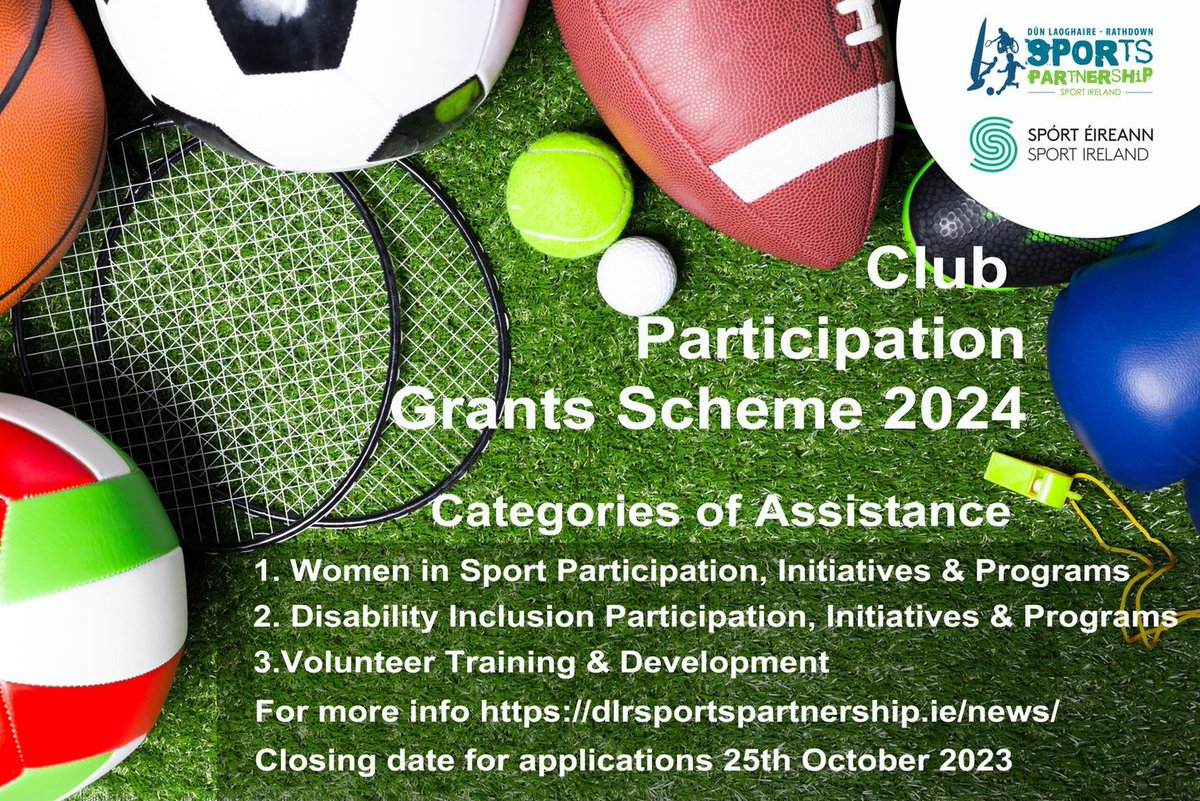 Dún Laoghaire-Rathdown Sports Partnership would like to invite applications from sports clubs and organisations under its Club Participation Grant Scheme 2024. For more info dlrcoco.submit.com/show/243 ***Deadline: Wednesday, October 25, 2023 at 1:00 PM***