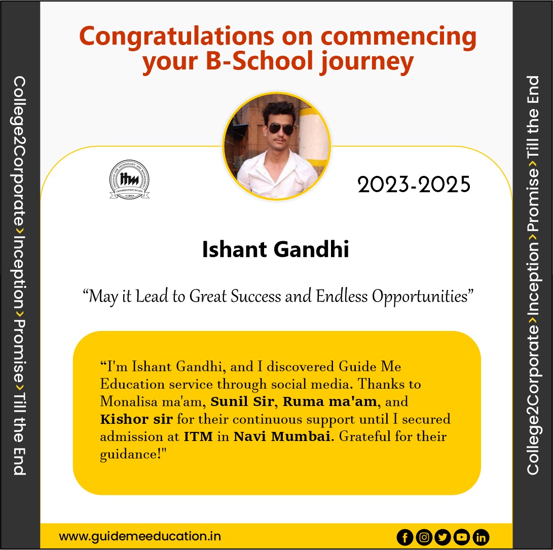 We are so happy for one of our bright students #IshantGandhi 🥰🥳 May you achieve all the success. We are here till the end! 🙌

#mba #pgdm #guidemeeducationservices #review #thinkmbathinkguideme #bschool #mdim #guidance #collegetocorporate #cat2023 #testimonial #feedback
