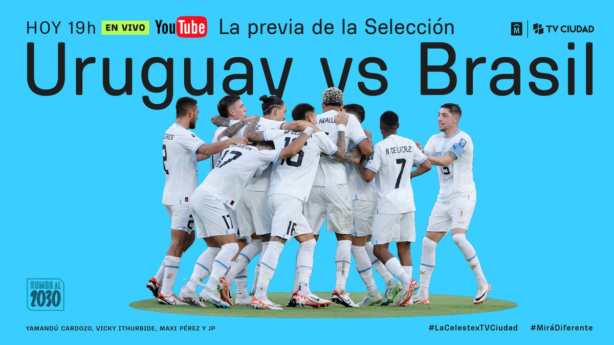 TVCIUDADuy's tweet image. ATENCIÓN 📣
⚽️ Hoy juega Uruguay contra Brasil por la cuarta fecha de las Eliminatorias.

🙌 A las 19h arranca la previa de #LaCelestexTVCiudad junto a un equipazo Yamandú Cardozo, @Vithurbide @maxipt y JP 

Sumate al canal de YouTube 👉youtube.com/@TVCiudad6.1/s…