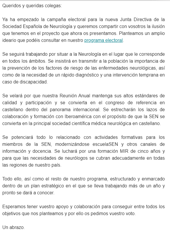 DrJesusPorta's tweet photo. Queridos y queridas colegas:

Con motivo del comienzo de la campaña electoral para la nueva Junta Directiva de la Sociedad Española de Neurología os adjunto el enlace al programa electoral. Nos encantadía contar con vuestro apoyo.

Un abrazo

https://t.co/dswvAL6ai9 https://t.co/KXZuYgW8wG