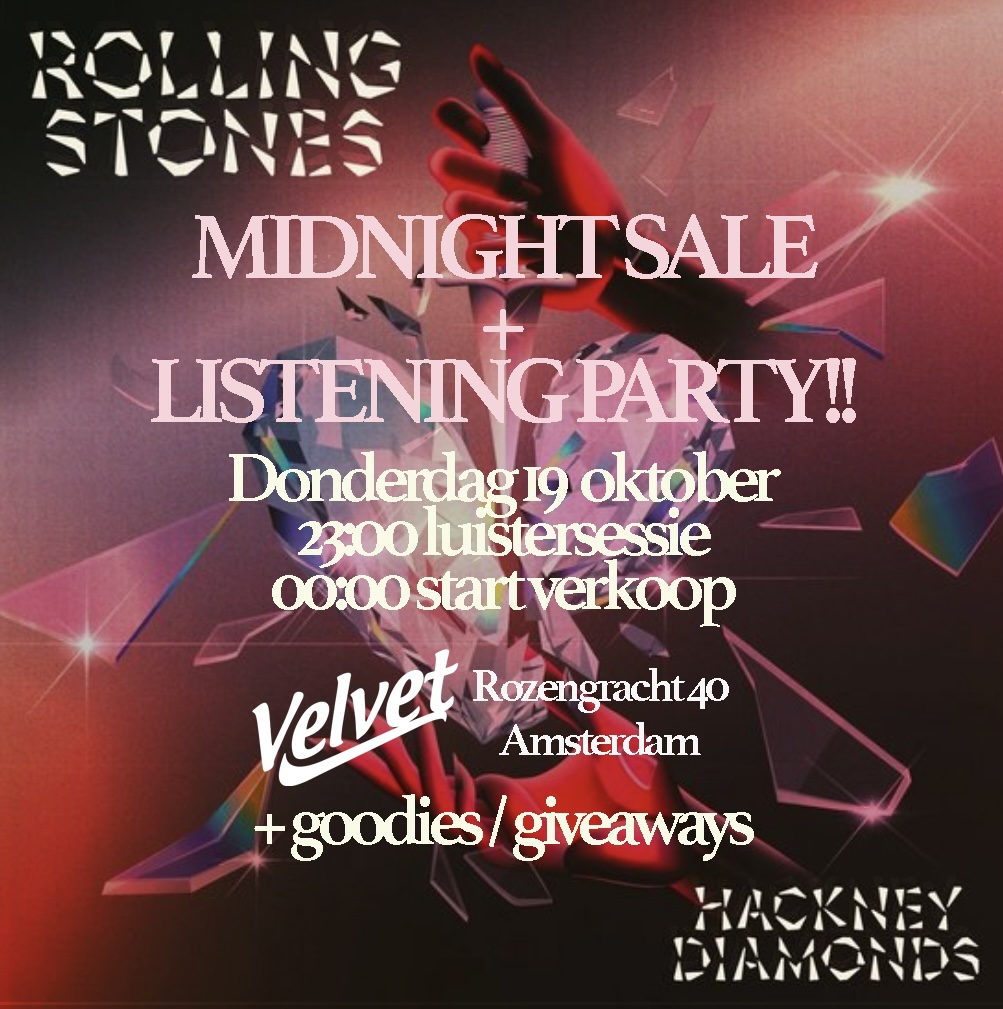 Aanstaande vrijdag verschijnt ‘Hackney Diamonds’, het nieuwe album van de Rolling Stones op CD, CD+BLR, LP &amp; roze LP.
MAAR: donderdagavond om 23:00 kun je hier in de winkel al naar de plaat komen luisteren en om middernacht mag hij verkocht worden! Hoera!