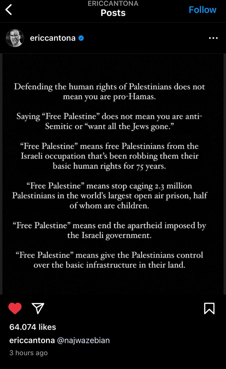 📲 Postingan di akun Instagram Eric Cantona mengenai konflik Palestina-Israel. 🇵🇸