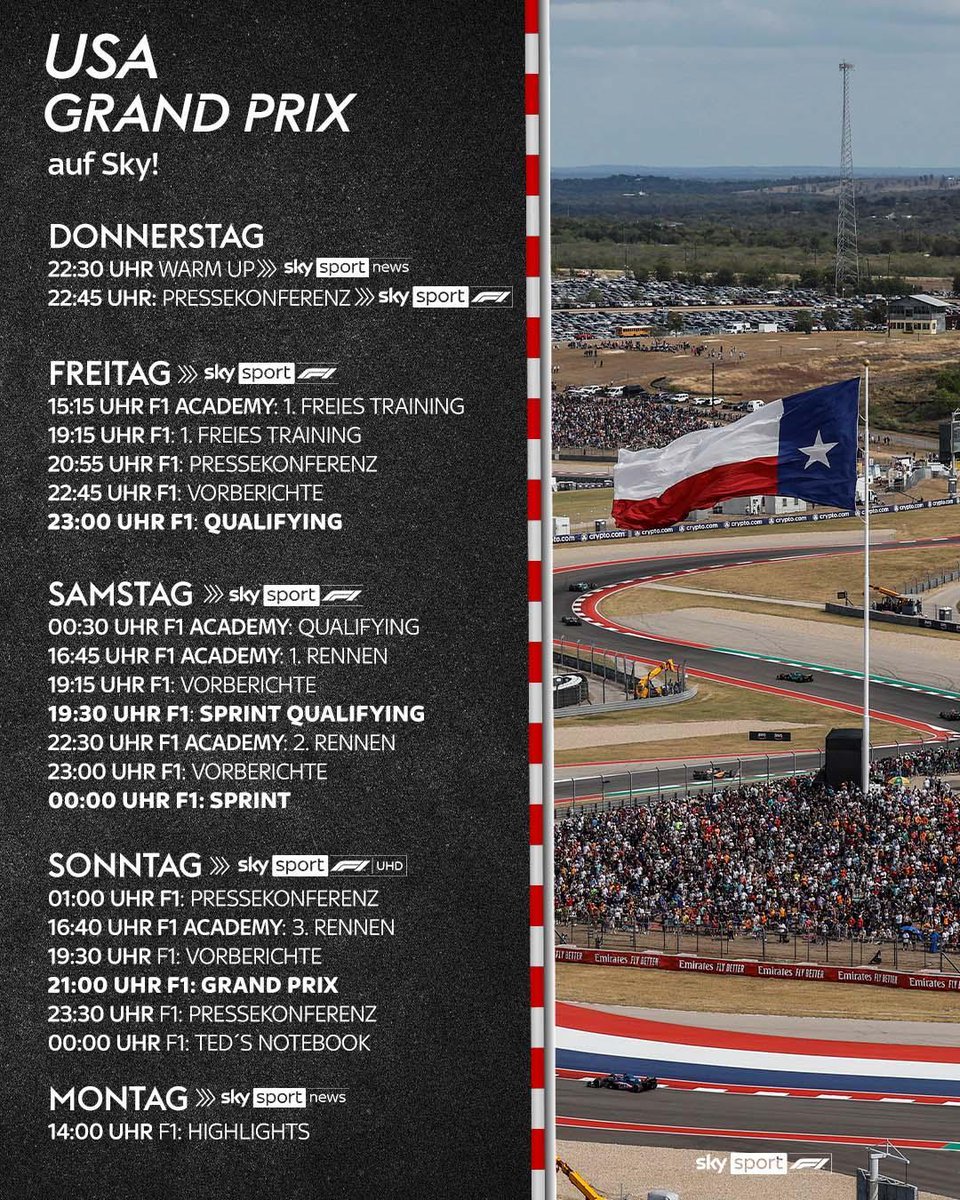 Der "wichtigste" Beitrag der Woche ist da! 😉 
Hier unsere Sendezeiten zum #USGP  🇺🇸 

#SkyF1 #TVProgramm
