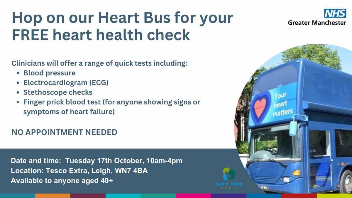 Amazing turnout for our #heartbus at Leigh today! #healthcheck free heart check @AshDhawan1 @WWLNHS @GMEC_SCN @wwl_cardiology #bloodpressurecheck #stethoscopecheck #ECG We are here all day - no appointment needed