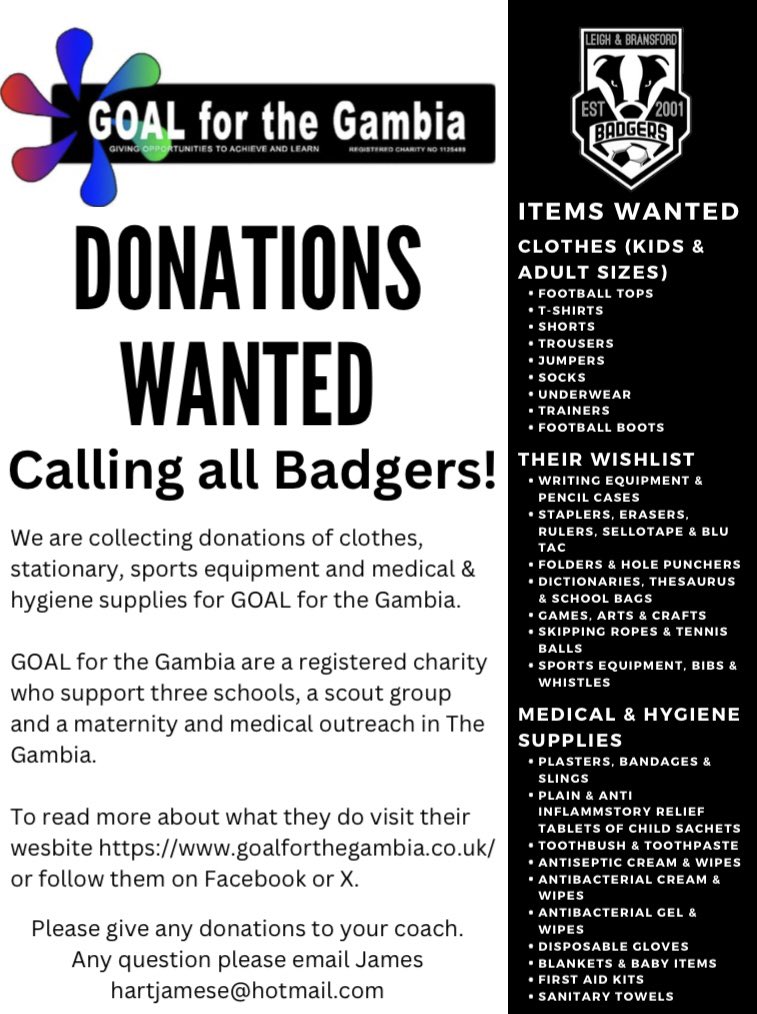 CALLING ALL BADGERS!                                    We are collecting donations of clothes (both kids &amp; adult sizes), stationary, sports equipment and medical &amp; hygiene supplies for @GOALfortheGambia. Please give any donations to your coaches.